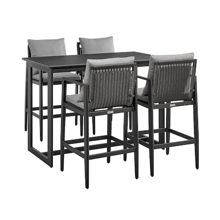 Armen Living Grand Outdoor Patio 5-Piece Bar Table Set in Aluminum with Gray Cushions 840254333321